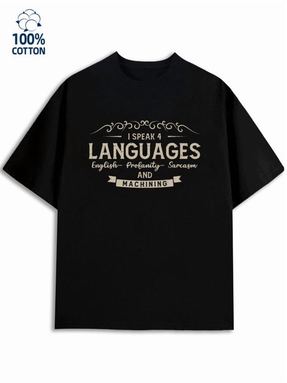 4 Languages Tee for men mechanical 180G 100% Cotton black classic tech Unique Design Unisex Shirt Printed tshirts Vintage Unisex Shirt Graphic Tee tshirts