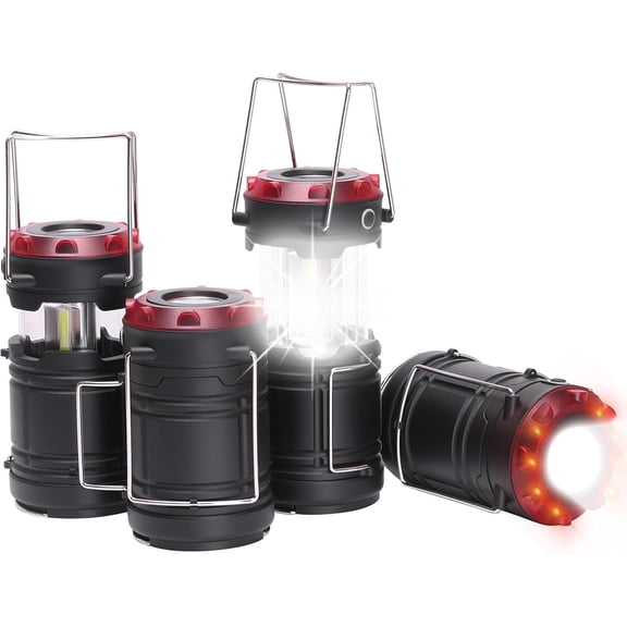 4 Lantern Camping Essentials Lights, Collapsible Lanterns Flashlights with Red Strobe/SOS, Base, for Power Outages, Hurricane, Tent Lights for
