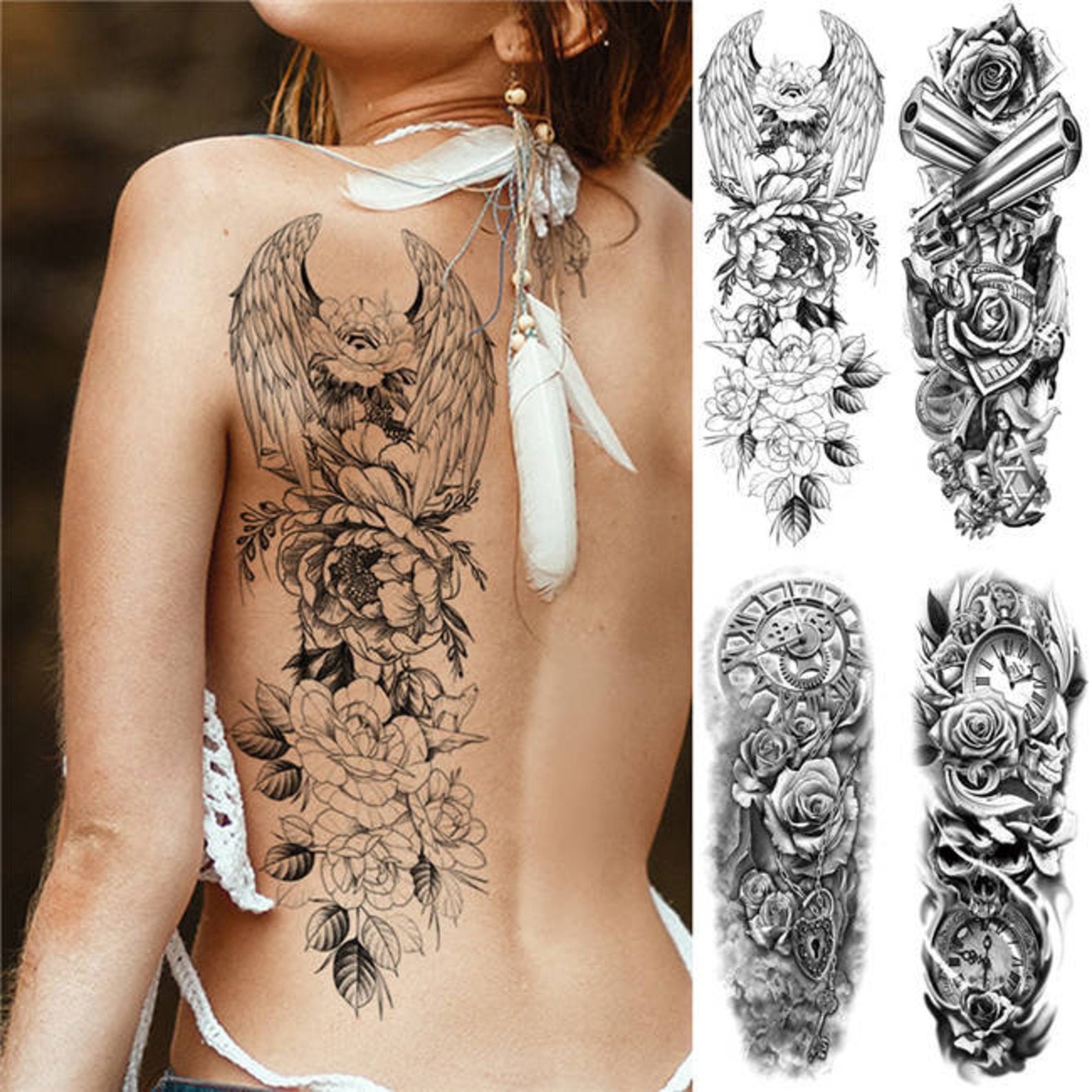 4 Large Arm Sleeve Tattoo Big Wing Gun Rose Waterproof Temporary 