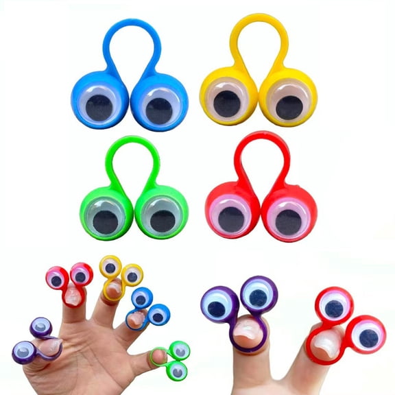 4 Large Googly Eyeball Finger Puppet Rings, Assorted Red Green Blue Yellow Plastic Eye Finger Toys, Novelty Hand Puppet Rings for Kids Pretend Play Birthday Party Goodie Bag Fillers