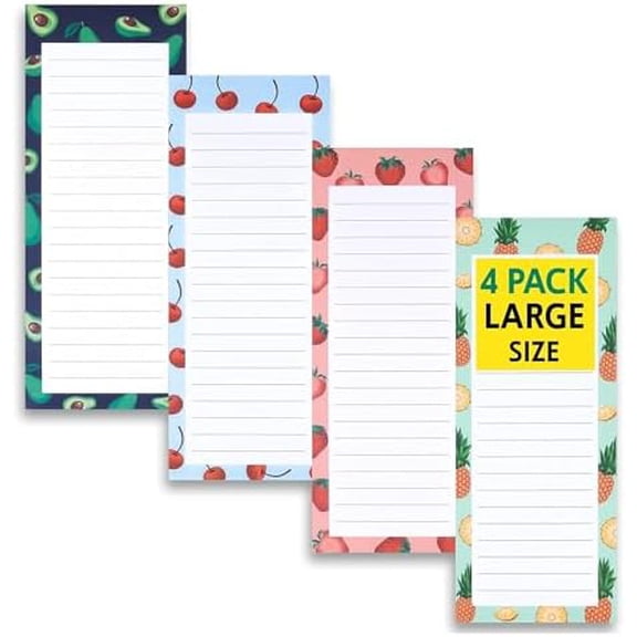 4 Large Magnetic Notepads – Big Notepads for Grocery List, Shopping List, To-Do List, Reminders -Strong Magnetic Back- Memo Pads with Realistic Fruit Designs | 60 Sheets per Pad 9 x 3.5 inch (4 Pack)