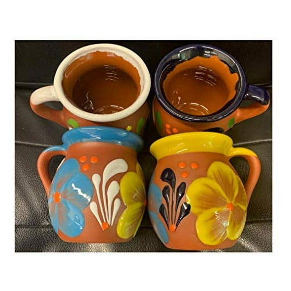 4 Large Mexican Coffee Mugs Jarritos Mexicanos Flower design Tazas de Barro Micnocana Ponchero Hot Chocolate Champurrado Tepache Pulque Traditional Clay Party Dish China Made in Mexico