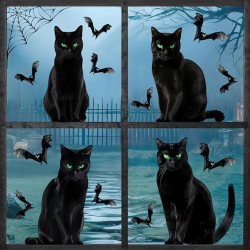 4 Large Realistic Black Cats Halloween Window Clings Decorations Decor ...