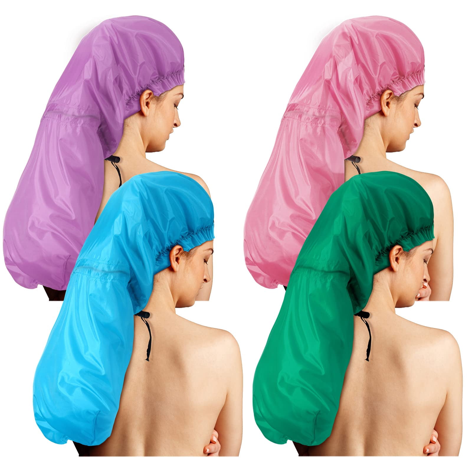 4 Large Shower Cap For Braids Extra Long Women Hair Locs Foldable Waterproof Reusable Xl Bonnets Dreadlocks Drawstring Bath Caps(pink  Blue Green Purple)