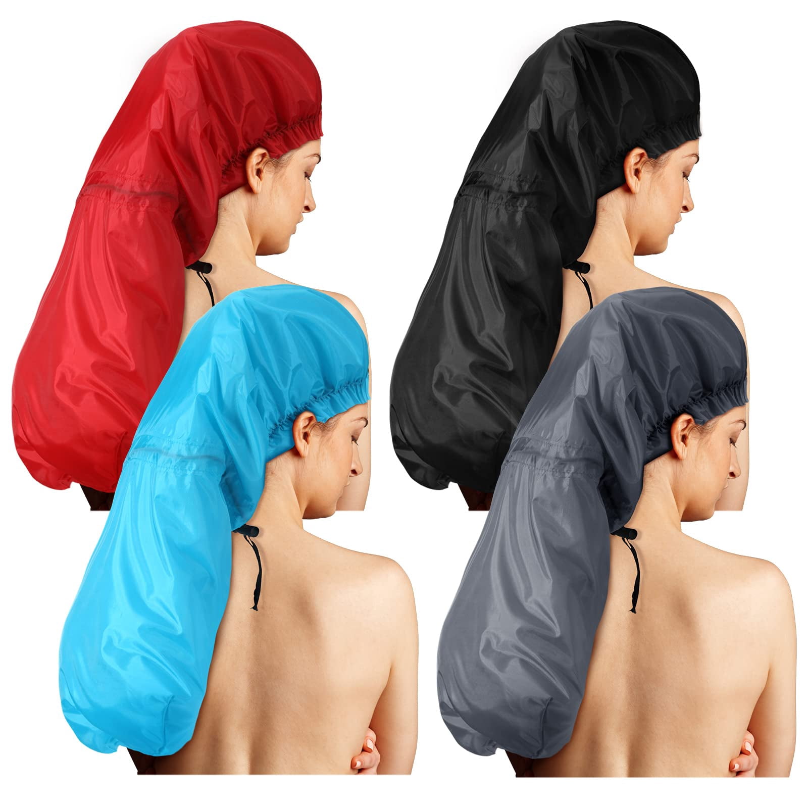 4 Large Shower Cap For Braids Extra Long Women Hair Locs Foldable Waterproof Reusable Xl Bonnets Dreadlocks Drawstring Bath Caps(red  Blue Black Gray)