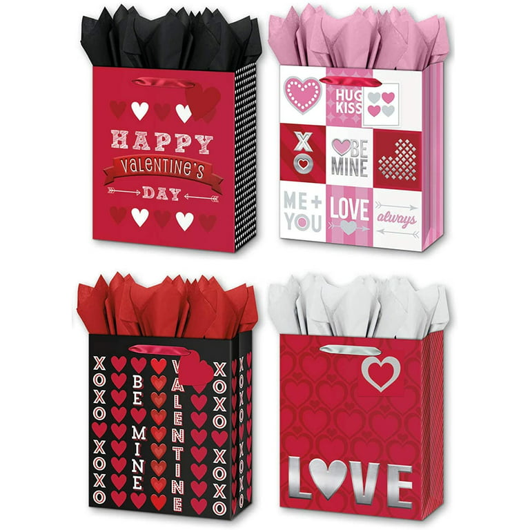 4 Large Valentines Day Gift Bags w/Tissue Paper Included Designed with -  XOXO, Love, Be Mine, Hearts, & More 