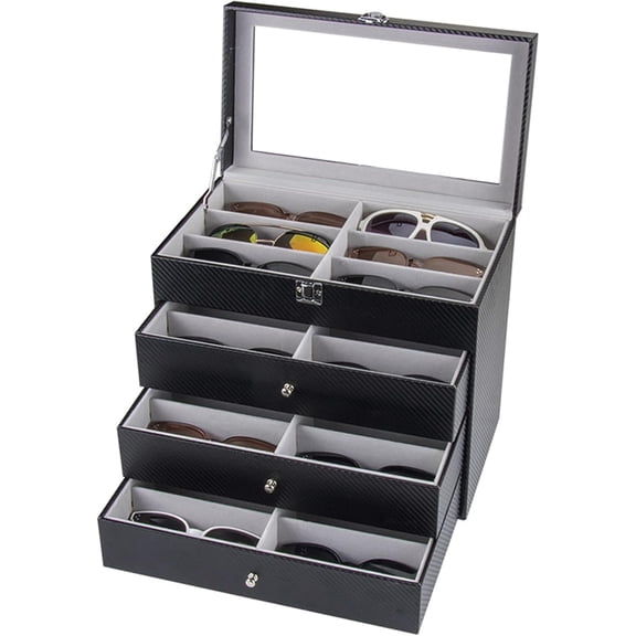 4 Layer 24 Slots Eyeglass Sunglass Storage Box Display Glasses Display Case with Drawer Black