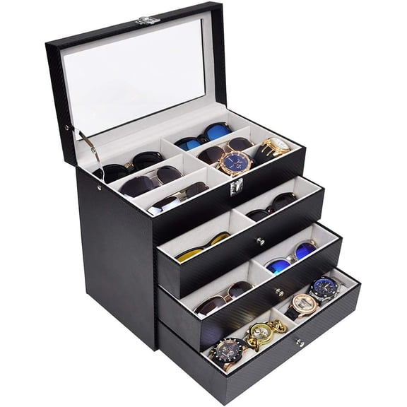 4 Layer 24 Slots Eyeglass Sunglass Storage Box Display Glasses Textured Pattern Grey Inner