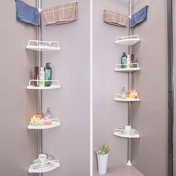 4 Layer Bathroom Shower Corner Storage Rack, Corner Pole Shower Shelf, Bath Wall Shelf Pole Organizer, Towel Soap Shampoo Holder Storage Rack, No Drilling Constant Tension Stainless Steel