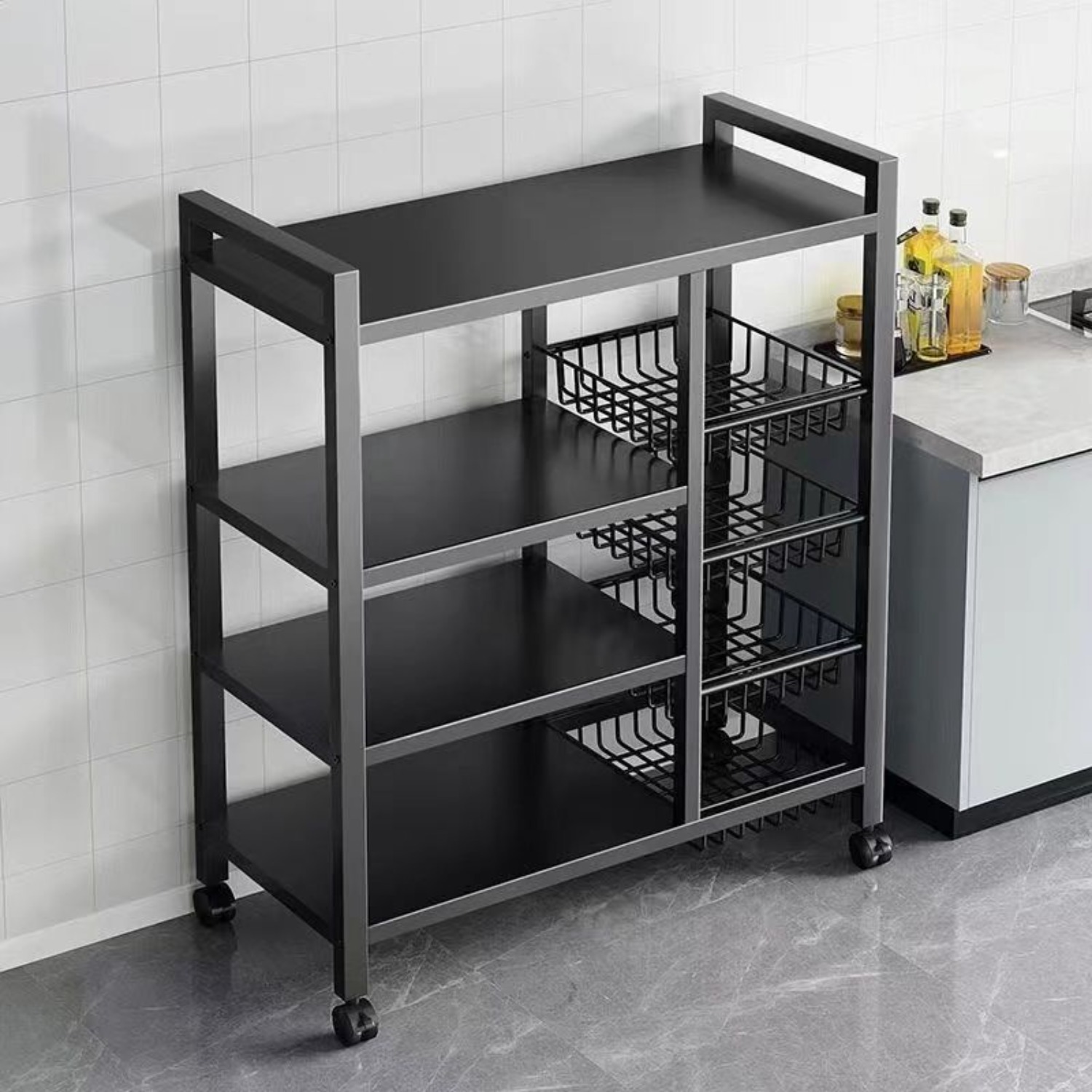 Rollable Kitchen Metal Rack 4 Layer Carbon Steel Kitchen Mobile Storage Rack with 3 Mesh Baskets ...