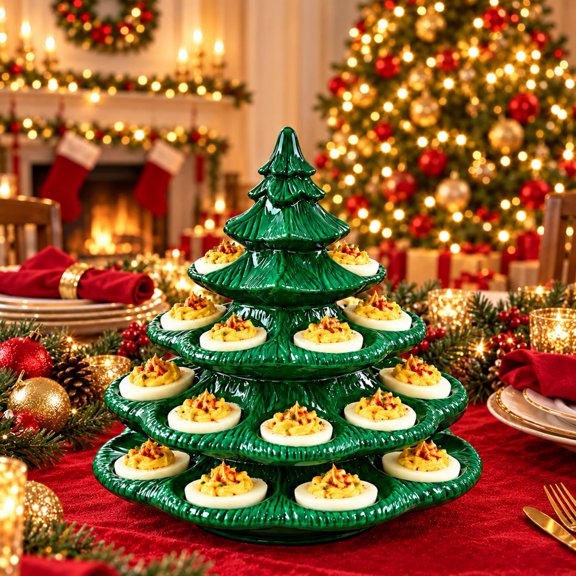 4 Layer Christmas Tree Egg Tray, 26-Hole Deviled Egg Platter and Tiered Appetizer Serving Stand, Christmas Table Decor for Holiday Parties, BBQs, Picnics and Outdoor Events