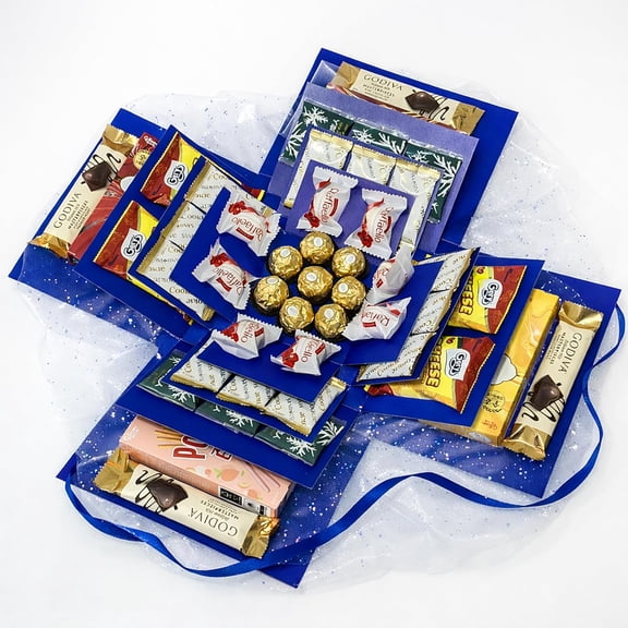 4-Layer Explosion Gift Box, 10''x10''x7'' Blue Glittery Creative Boxes for Presents, DIY Surprise Box Birthday Valentine's Day Mother's and Anniversaries (Dark Blue)