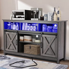 4 Layer Farmhouse Coffee Bar Cabinet with Power Outlet & LED Light, 57" Double Barn Door Buffet Sideboard Kitchen Storage with Adjustable Shelves(Grey)