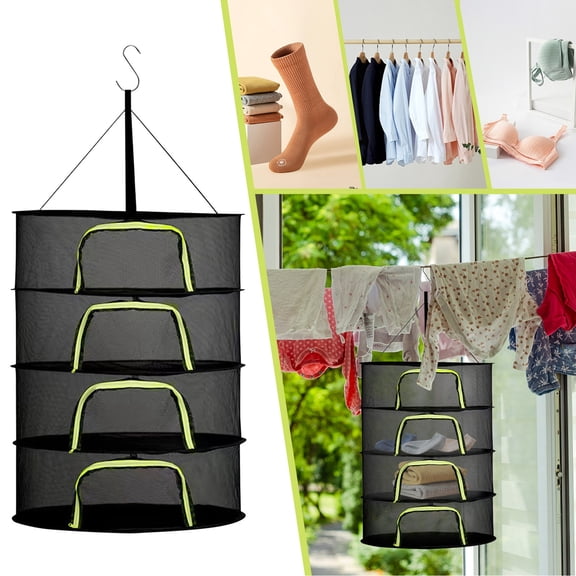 4-Layer Foldable Drying Rack with Zippers, 24-Inch Closed Plant Hanging Net for Herb Drying, Breathable Mesh Dryer for Flowers and Gardening D#114 Black