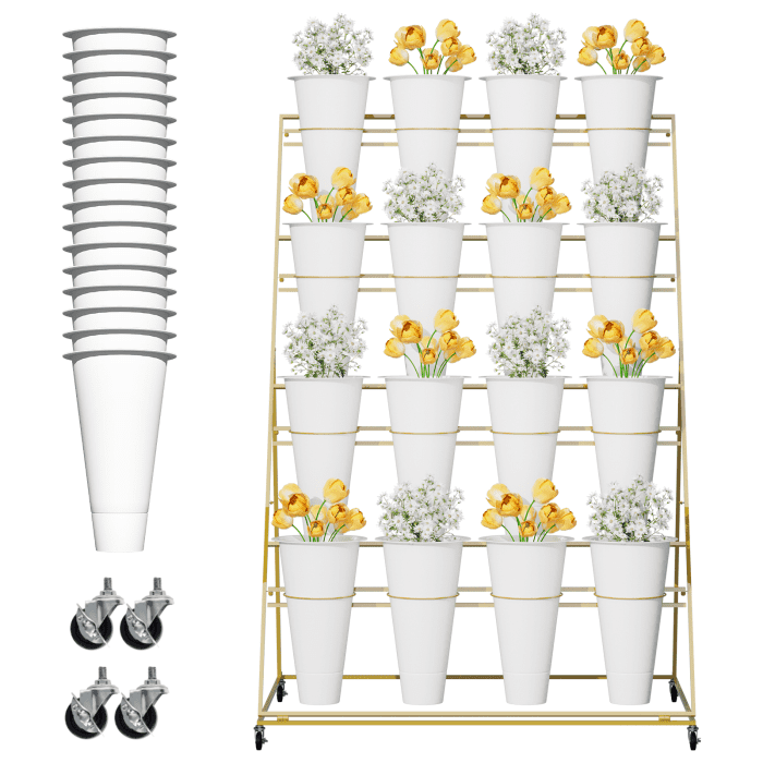 4-Layer Gold Flower Display Stand with Wheels, Metal Flower Rack with ...