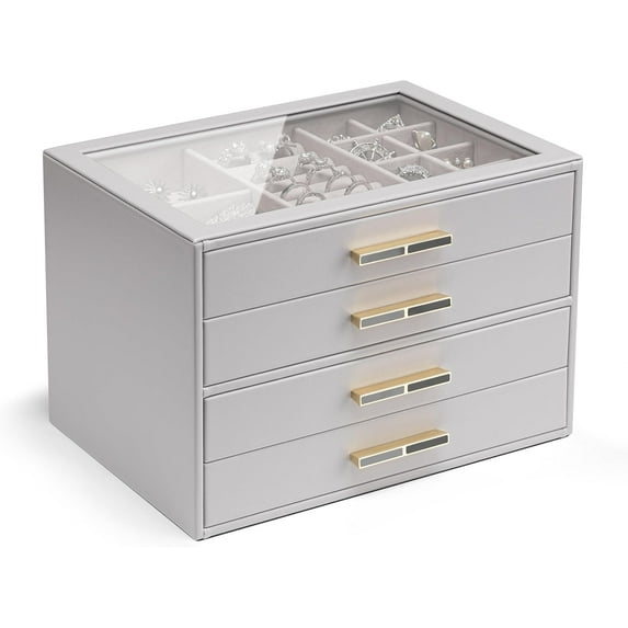 4 Layer Jewelry Box for Women, Glass Lid Jewelry Organizer with 4 Drawers for Necklaces Rings Earrings Bracelets - Grey