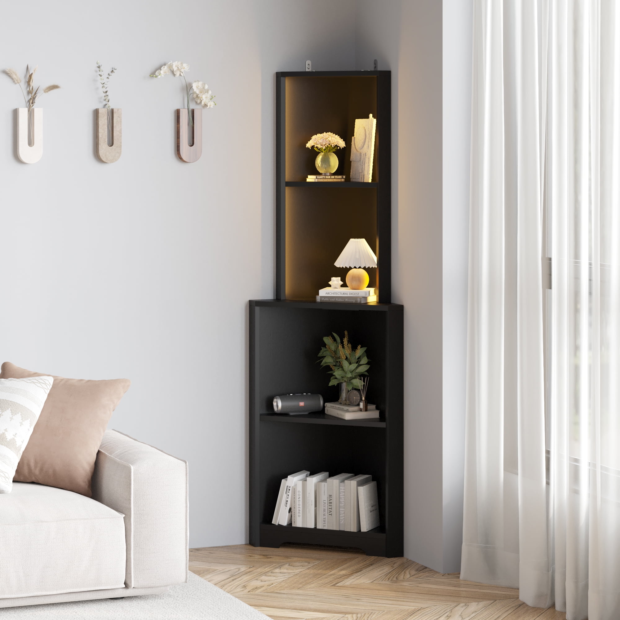 4-Layer L-Shaped Corner Display Rack with LED Light & Power Strip ...