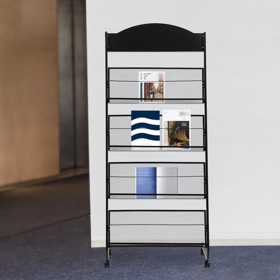 4-Layer Magazine Newspaper Rack Mobile Metal Floor-Standing Black w/ Wheeled for Offices, Waiting Rooms