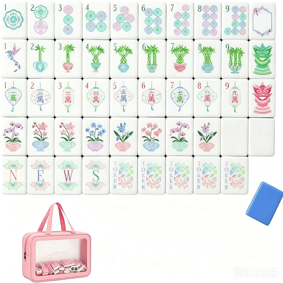 4 Layer Mahjong Tiles, 2026 NEW 160 Acrylic American 4 Layer Mahjong Tile Set with Clear Engraving with Exquisite Carrying Bag for Home, Travel & Game Nights (Mint Floral)