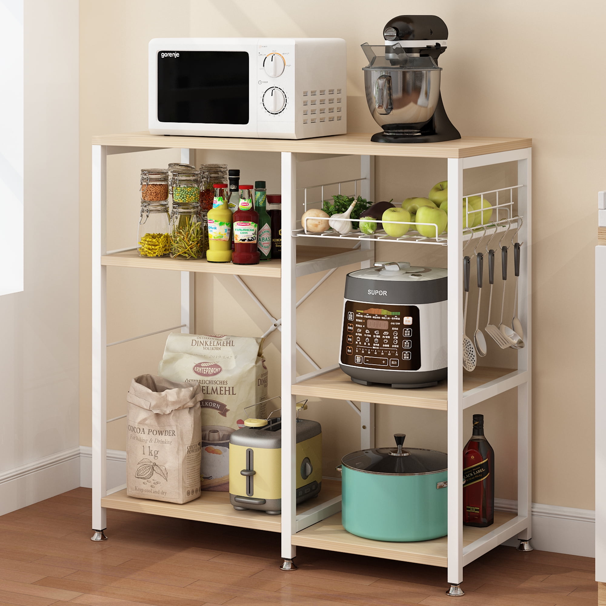 4-Layer Microwave Oven Rack with Pull-Out Basket, X-Shaped Back Bracket, Floor-Standing Kitchen Storage Shelf, White Oak, 35.4 x 15.7 x 33 in