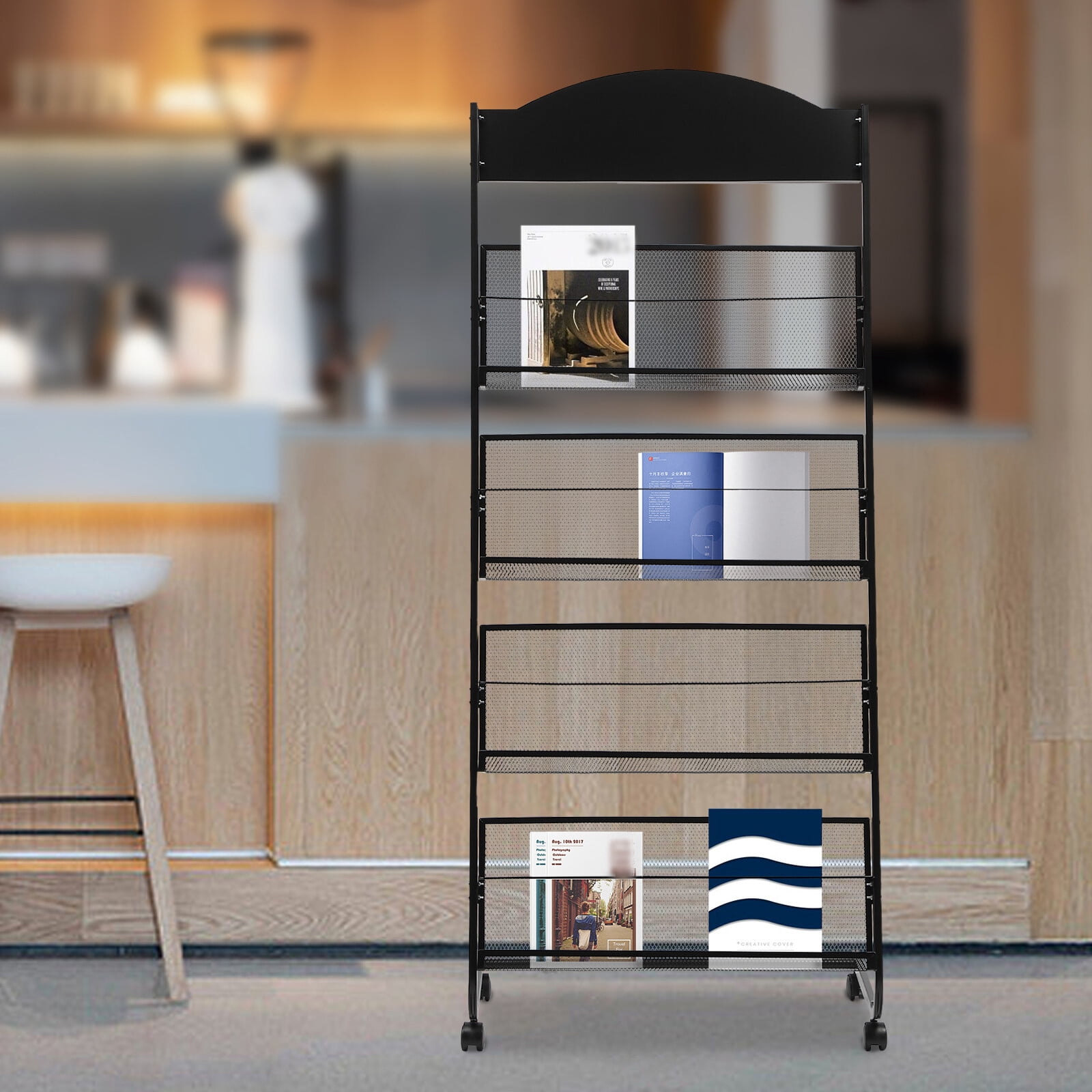Mobile Magazine Racks 4-Layer Mobile Metal Floor-Standing Magazine Newspaper Rack Black with ...