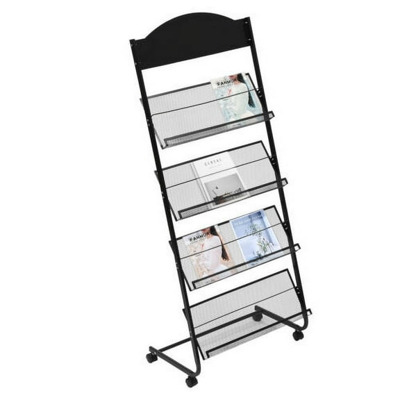4-Layer Mobile Metal Floor-Standing Magazine Newspaper Rack Black with Wheeled