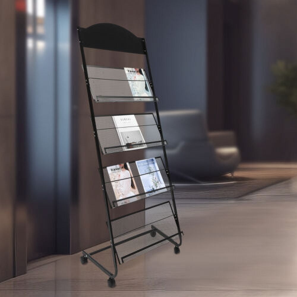4-Layer Mobile Metal Floor-Standing Magazine Newspaper Rack Black with ...