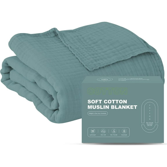 4 Layer Muslin Bed Blanket - Breathable and Lightweight Gauze Boho Blanket for Spring, Soft 100% Cotton Muslin Blanket, Green, 55x80 Inches