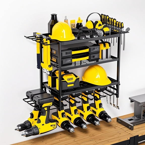 4 Layer Power Tool Organizer Wall Mount, Heavy-Duty Tools Holder with 6 Drill Holder, Utility Racks for Garage Garage & Workshop Storage Rack, Sturdy Construction for Tools, Accessories, and Hammers