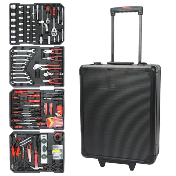 4 Layer Rolling Tool Box Set with 277 PC Tools and Wheels, Heavy Duty Portable Tool Chest for Home Repair Car Maintenance Emergency Kit Garage Workshop Plumbing Electrical Work, Black