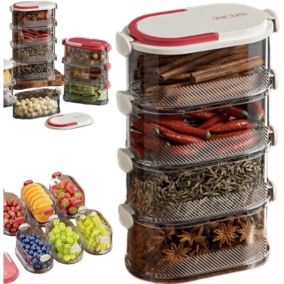 4-Layer Spice Storage Box – Leakproof & Freezer-Safe Cereal Container with Easy-Lock Lids for Kitchen Pantry Organization (RL off-white 1 Set)