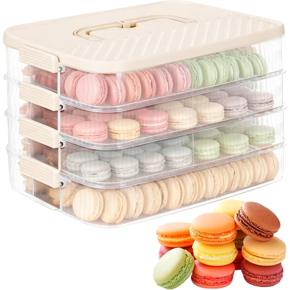 4-Layer Stackable Cookie Airtight Storage Containers with Lids, Portable Plastic Case Snack for Desserts, Cupcakes, Snacks, Dumplings, Fruit- Beige Lid