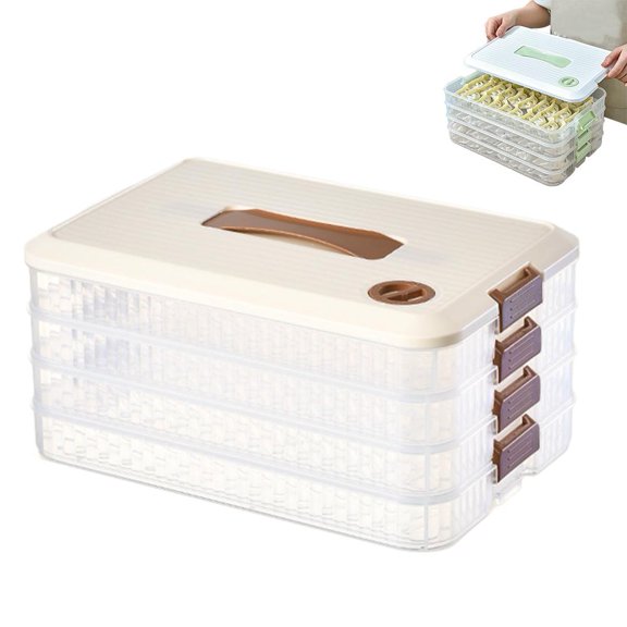 4-Layer Stackable Food Storage Container with Lid & Handle - Fridge Organizer for Cookies, Dumplings, Snacks - Airtight Freezer Safe Box with Timer Dial - 12" L x 8" W x 5.5" H