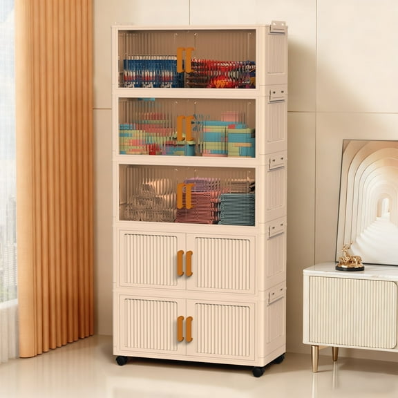 ZOWWKLLY Stackable Storage Bins with Lids and Wheels, 5 Tier Collapsible Closet Organizers, Plastic Collapsible Storage Containers Bins, Foldable for Home,Office,White