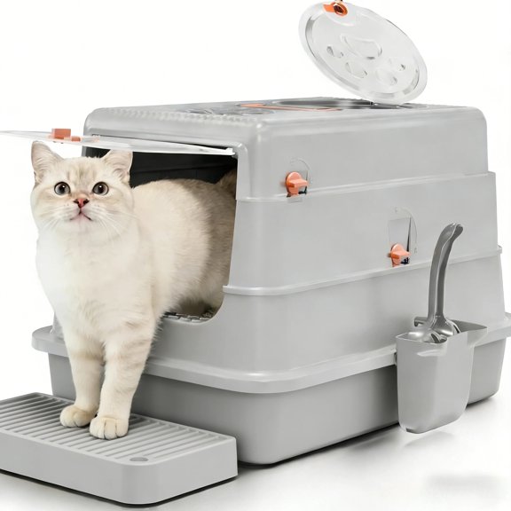 4 Layer Stainless Steel Cat Litter Box, Open to Fully Enclosed, Anti-Splashing, Easy Clean Cat Toilet with Deodorant Pack & Litter Catching Mat
