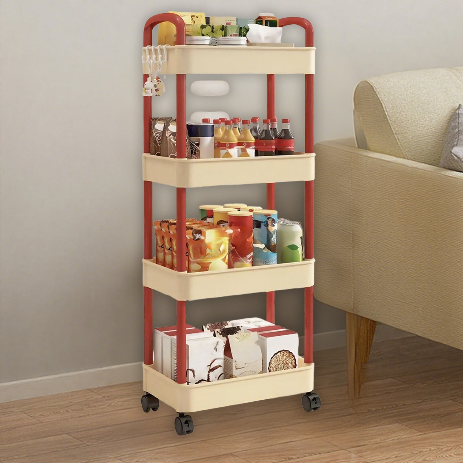 4-Layer Storage Scroll cart Kitchen Rolling Utility Push Wheel cart ...