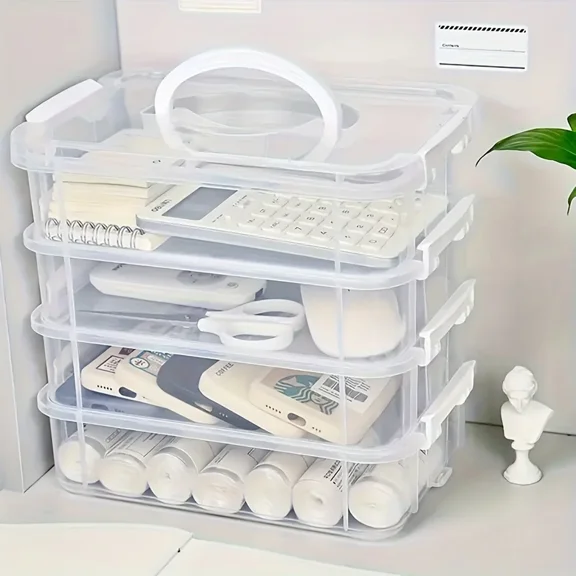 4-Layer Transparent Plastic Storage Box with Drawers, Portable Partition Organizer for Building Blocks, Crafts and Small Items