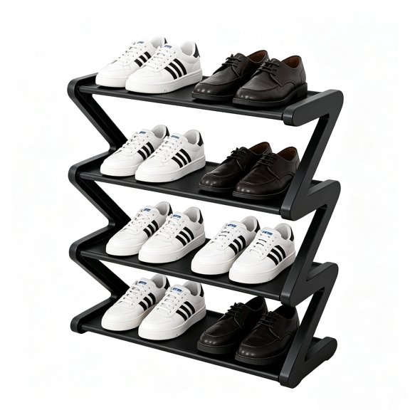 4 Layer Z Shaped Shoe Rack, Easy To Assemble Shoes Storage Rack, Stackable Home Organizer for Living Room, Dormitory, School (black)