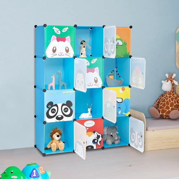 4 Layers Cube Wardrobe, 12 Grids with Animal Patterns and 2 Hanging Rods, Children's Cloth Wardrobe, Book Storage Cabinet, 105 * 35 * 140cm