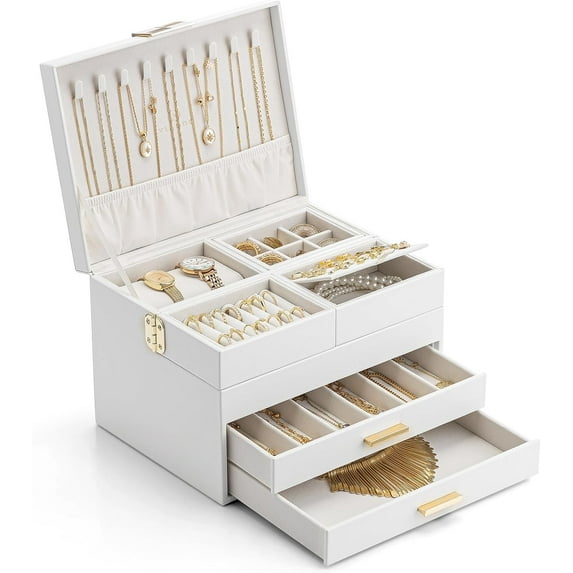 4 Layers Jewelry Box - Women Jewelry Box with Retractable Tray - Jewelry Organizer with Drawer for Necklaces, Rings, Bracelets, Earrings, Gift for Couples Mom Girls - White