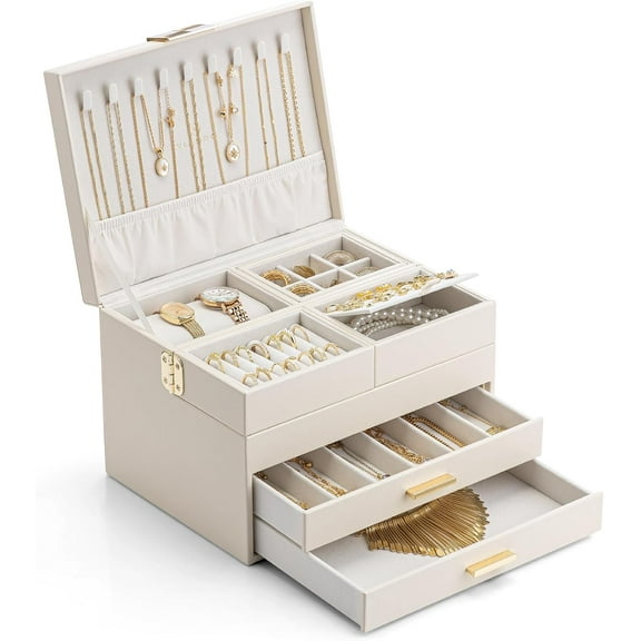 4 Layers Jewelry Box - Women Jewelry Box with Retractable Tray - Jewelry Organizer with Drawer for Necklaces, Rings, Bracelets, Earrings, Gift for Couples Mom Girls - Could White