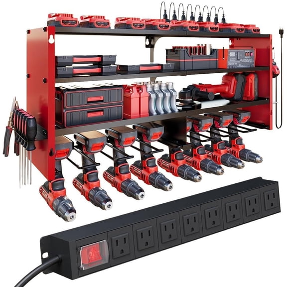 4 Layers Power Tool Organizer Wall Mount with Power Strip, Heavy Duty Metal Tool Shelf, 400lbs Capacity for Cordless Drills, Batteries & Gara Stora (8 Slots with 8 Outlets Power Strip)