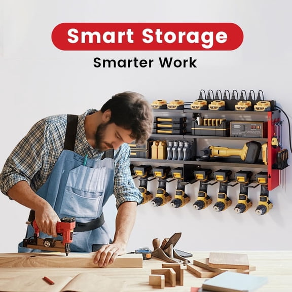 4 Layers Power Tool Organizer Wall Mount with Power Strip, Heavy Duty Metal Tool Shelf, 400lbs Capacity for Cordless Drills, Batteries & Garage Storage (12 Slots with 8 Outlets Power Strip)