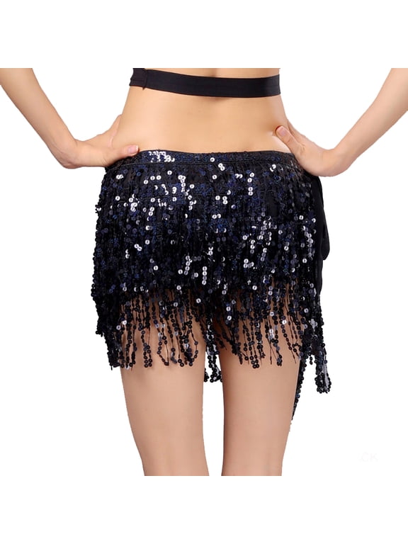 4-Layers Sequined Fringed Drawstring Closure Belly Dance Waist Chain Skirt Hip Scarf Latin Skirt,black