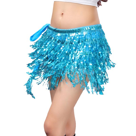 4-Layers Sequined Fringed Drawstring Closure Belly Dance Waist Chain Skirt Hip Scarf Latin Skirt,navyblue