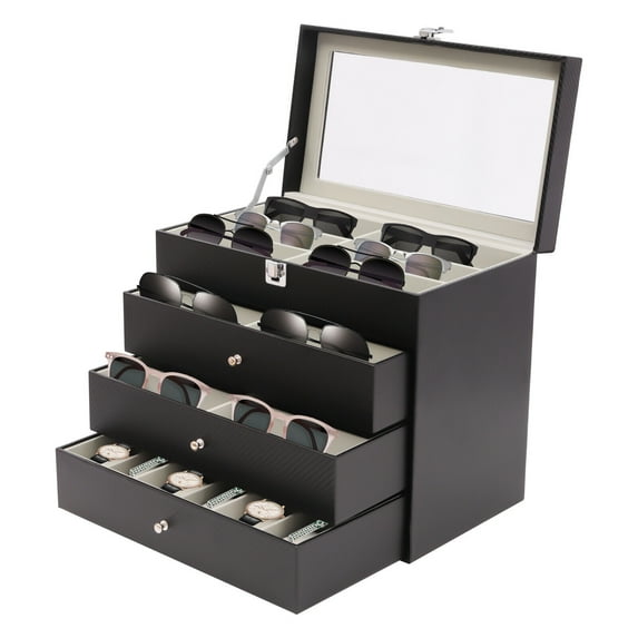 4 Layers Sunglass Storage Box 27-Grids Rectangular Dustproof Eyeglass Sunglasses Glasses Storage Display Box Eyeglass Organizer Case Dustproof Sunglass Holder Black