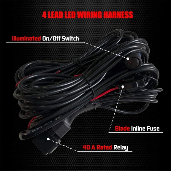 4 Lead Wiring Harness for LED Rock Lights with Extension Wires Relay Fuse and Switch