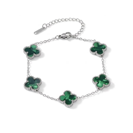 4 Leaf Clover Bracelet for Women Silver Plated Cubic Zirconia Link Bracelet 13mm Double-Sided Fluorescent Green