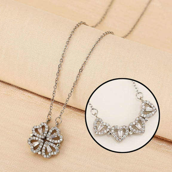 4 Leaf Clover Necklace Foldable for Women,Retro Magnetic Folding Love Heart Pendant, Four-Leaf Clover & Heart Shaped Design with Sparkling Crystal Accents(Silver)
