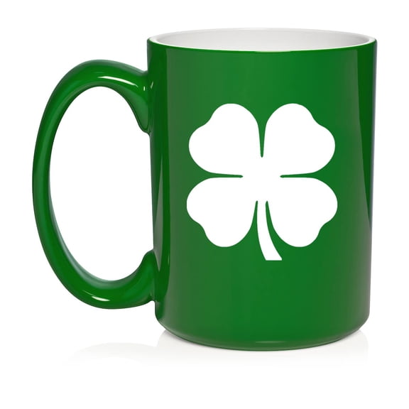 4 Leaf Clover Shamrock Ceramic Coffee Mug Tea Cup Gift for Her, Sister, Wife, Friend, Coworker, Boss, Mom, Girlfriend, Husband, St. Patrick's Day, Birthday, Housewarming, Cute, Wedding (15 oz Green)
